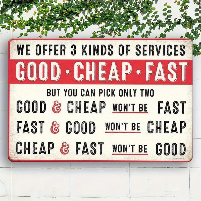 TEMU Vintage Metal Wall Sign With Humorous Slogan "quality, Affordability, Speed" - Distressed Iron Plaque Suitable For, Office, Cave Decor -