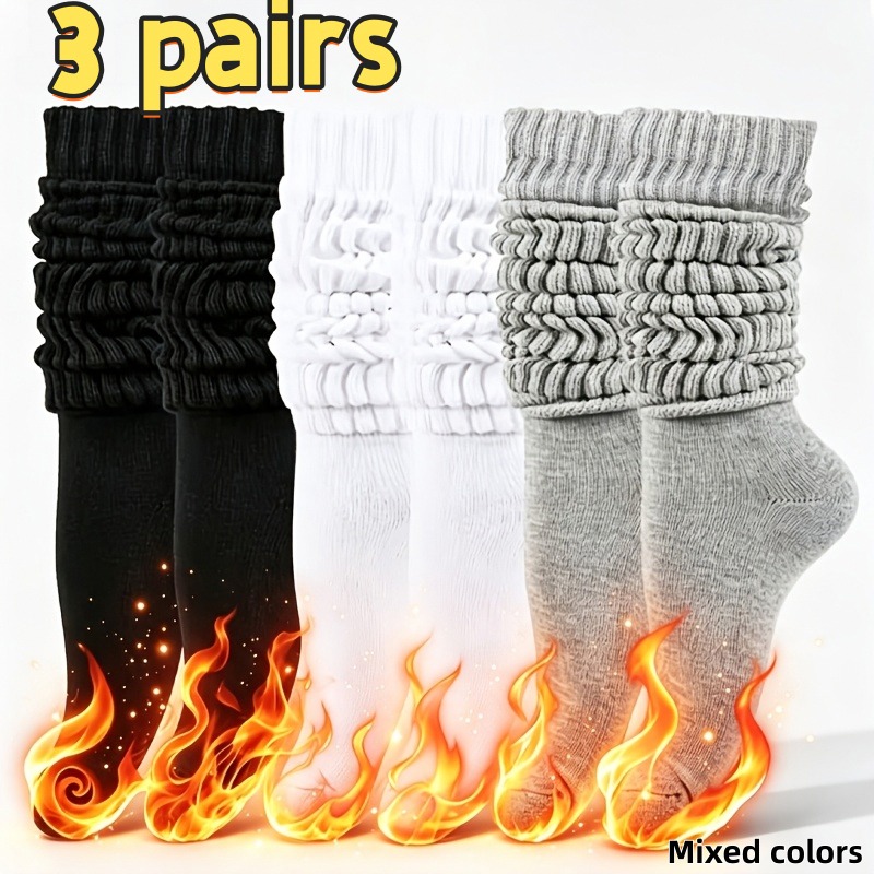 TEMU Lot de 3 paires de chaussettes bottes thermiques unisexes de couleurs mélangées - Chaussettes mollet / thermiques d'hiver à longueur réglable,