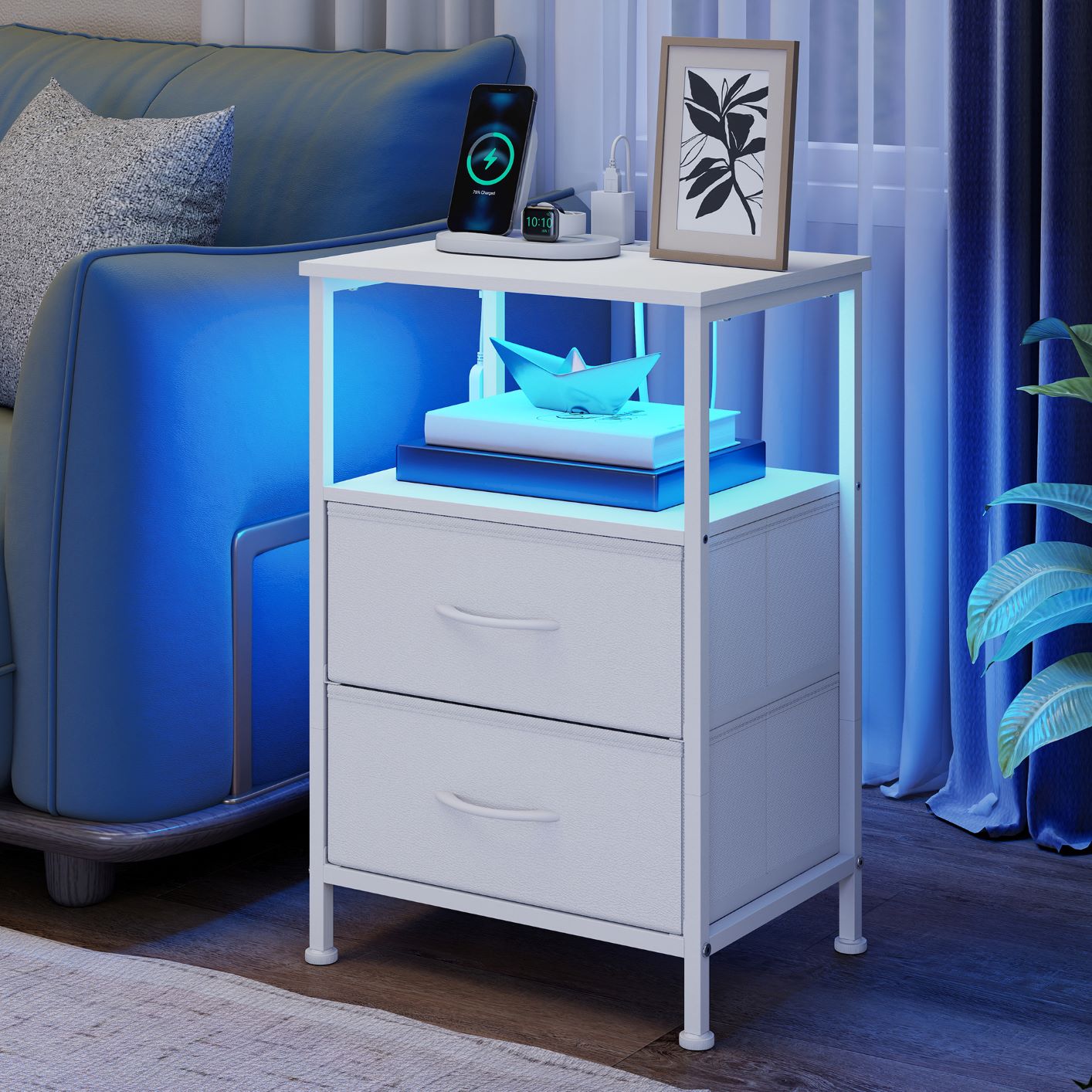 Bedroom Bedside Table With Led Lights And Charging Station, Nightstand With 2 Drawer And 1 Shelf