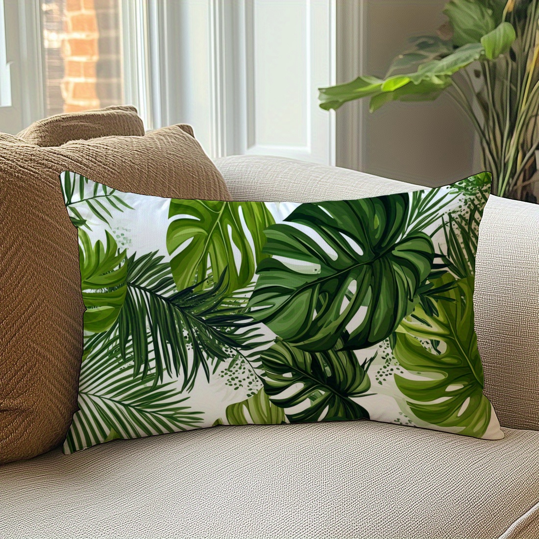 TEMU 1 Taie d'oreiller imprimée sur une seule face avec motif de feuilles de plantes , convient pour salon, canapé, chambre, housse de coussin