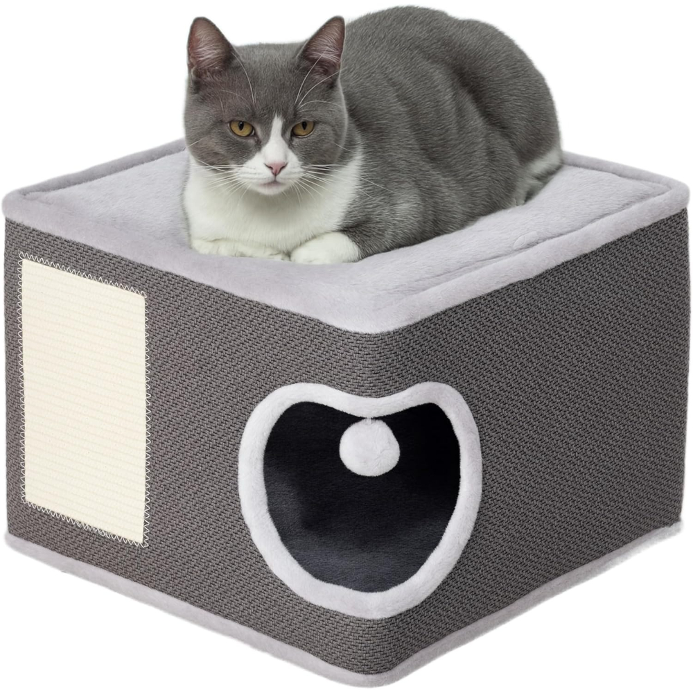 Image of 35cm Dark Grey Cream Sisal For Cat Scratching With Cave And Ball Toy | Suitable For Cats Up To 6kg, Essential Pet Accessory