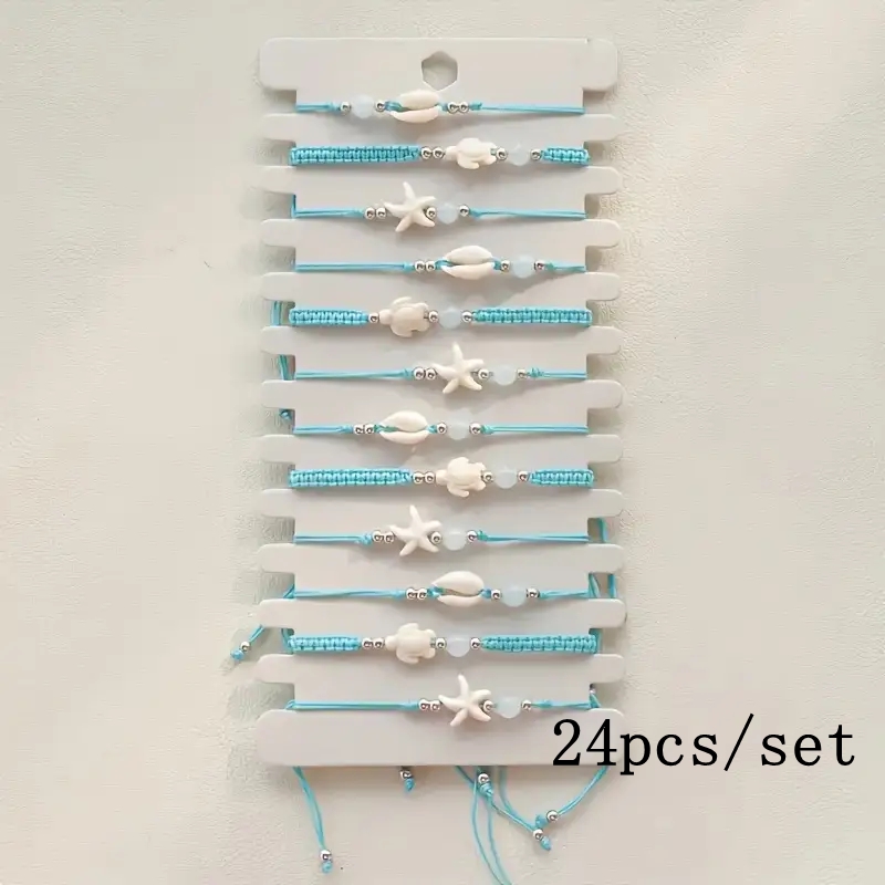 Image of 24pcs/set Minimalist Hand Braided Rope Shell Starfish Turtle Adjustable Size Women's Bracelet Set For Daily Wear
