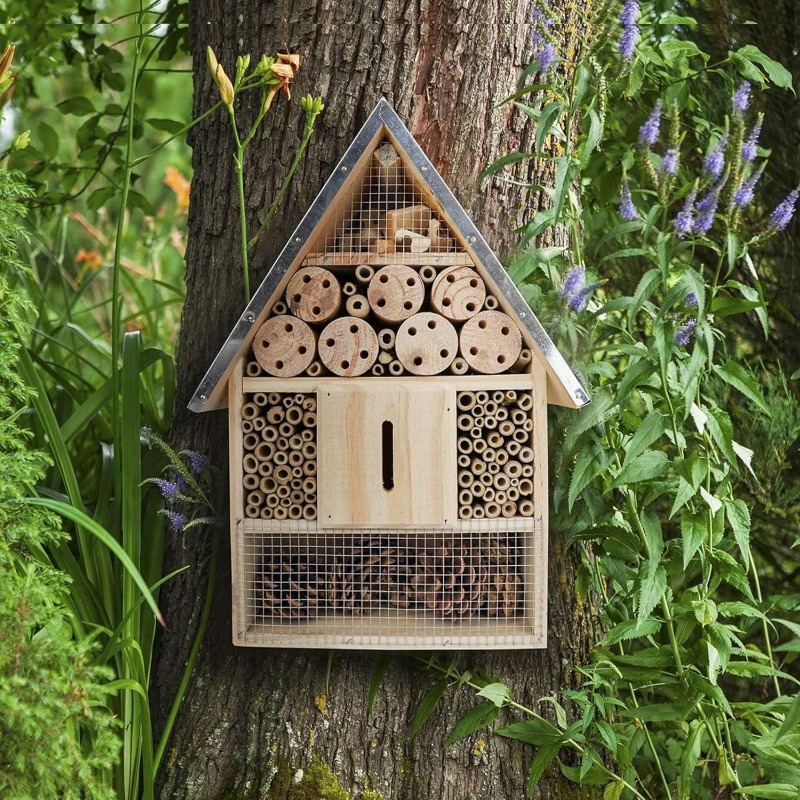 Premium Weatherproof Insect Hotel - Durable Bug House for bee Home Box with Multi-Tiered Habitat, Ventilation System & Entrance Tunnel - Attracts for bees, Ladybirds, Butterflies - Garden Shelter for Backyard, Patio, Farm - Enhances Biodiversity & P