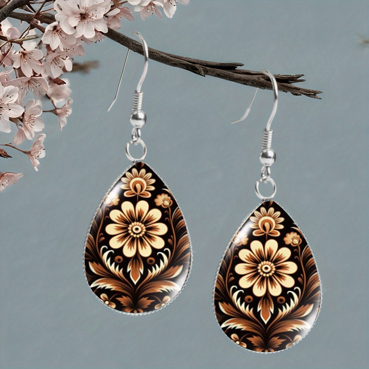 TEMU 1 Pair Of Vintage Folk Style Floral Pattern Earrings, Elegant And Fashionable Unisex Jewelry, Suitable For Casual And Vacation Wear