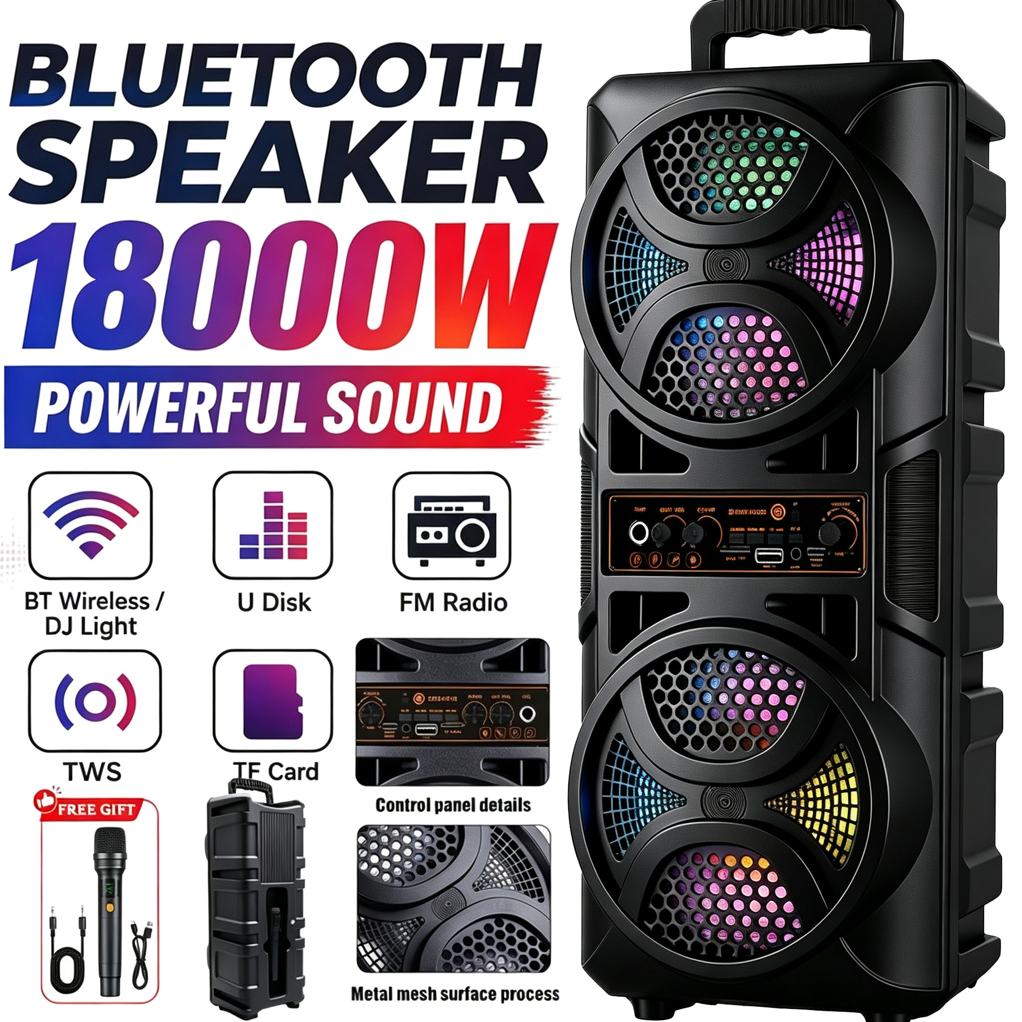 Image of 18000w Portable Bluetooth Party Box Speaker, Dual 6.5in Subwoofer, Karaoke Speaker With Wired Mic, Rgb Dj Light, Tws, Usb Tf Card Aux Fm Radio Outdoor Wireless Boombox
