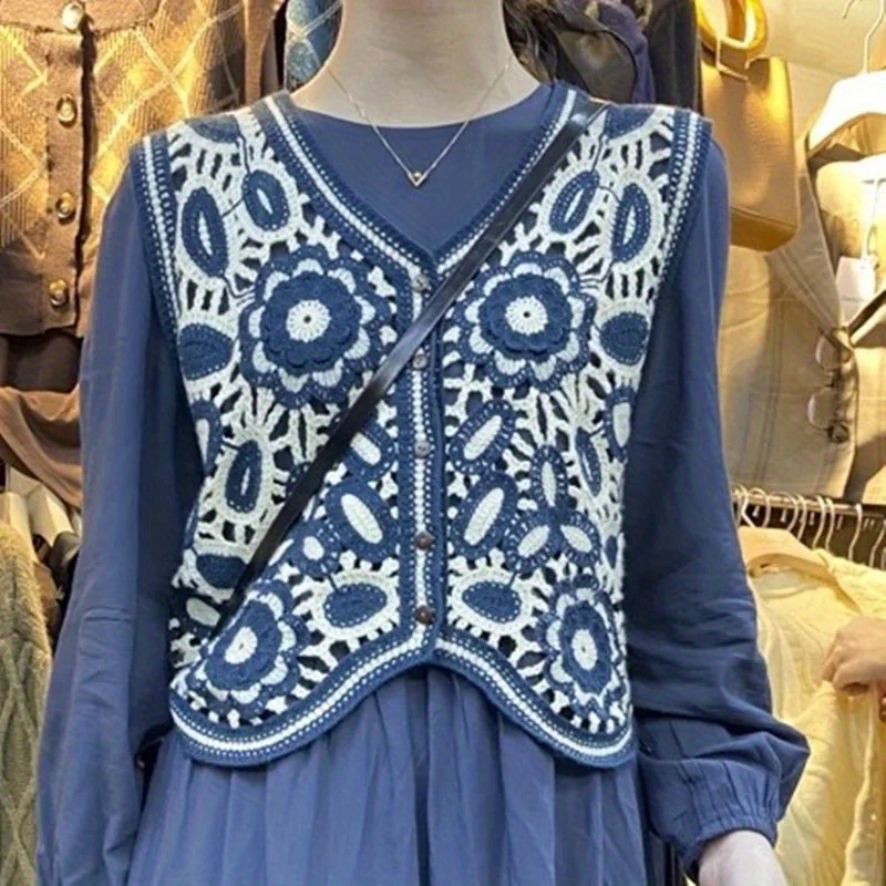 Women'S Bohemian Geometric-Patterned Sleeveless Vest - V-Neck, Lightweight Acrylic Fabric, Casual Summer Style with Hollow Detail, Perfect for Beach or Casual Attire
