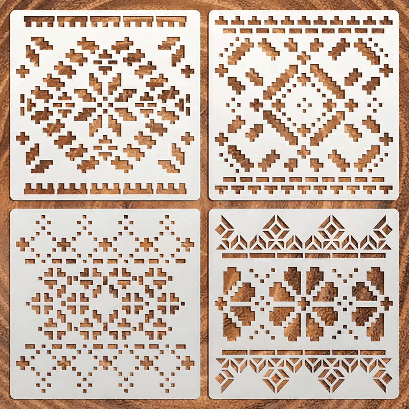 TEMU 4pcs Stencils, Mosaic Stencils, Embroidery Stencils, Washable, , Reusable Painting Stencils For Sewing Supplies, Fabrics, Clothing, Canvas,