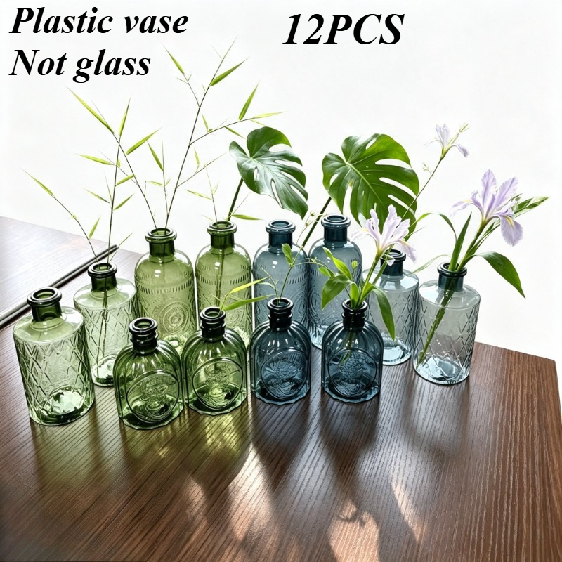 TEMU 12pcs Bud Vases Set, Small Vintage Plastic Clear Bud Flower Vases Bulk Multiple Shape Cute Mini Plastic Bottles Vases For Rustic Wedding