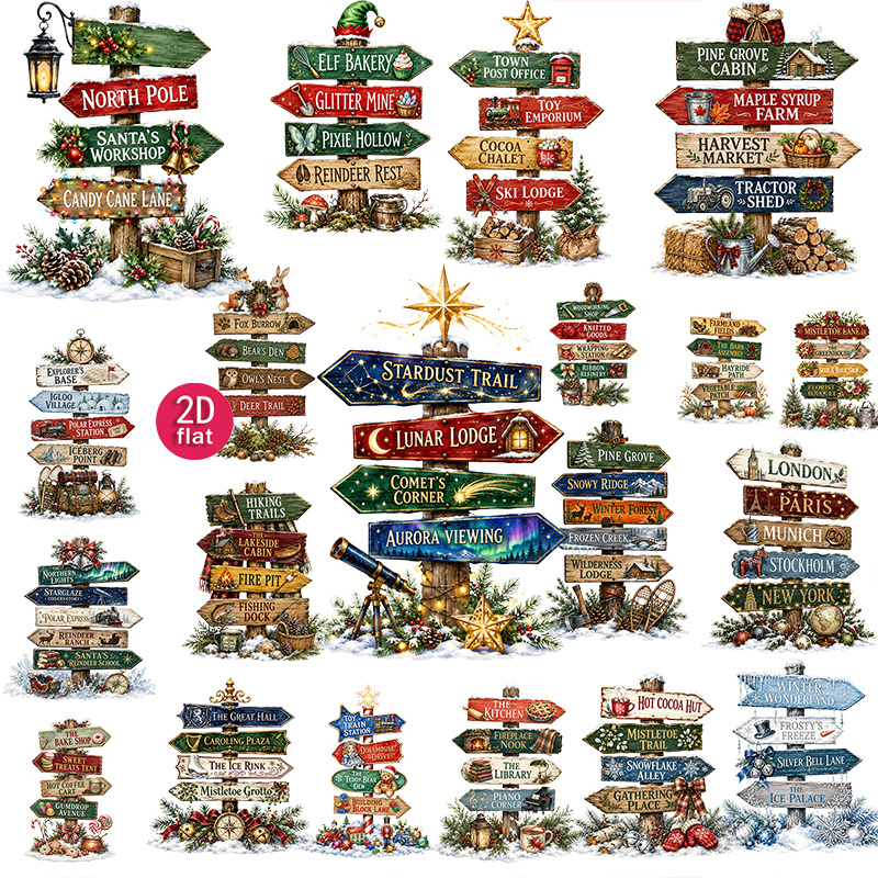 TEMU 2d Flat 20pcs Christmas Vintage Directional Sign Stickers, Rustic Holiday Ephemera For Journal, , Notebook, , Diaries, Photo Albums, Cutting