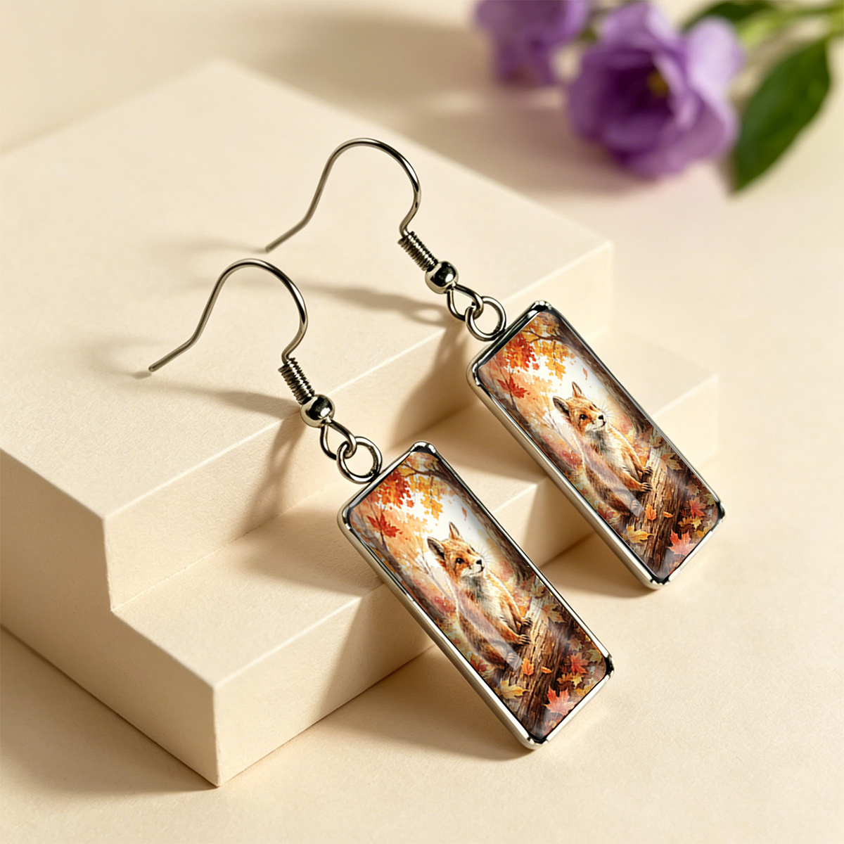 Red Fox Crouching Rectangular Earrings, Stainless Steel