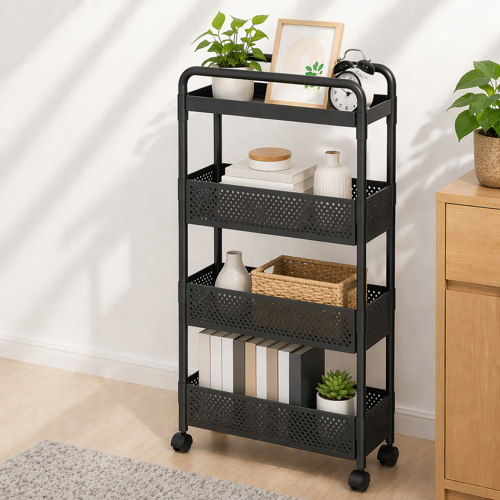 TEMU Étagère de cuisine à 4 niveaux avec roulettes pivotantes à , chariot de rangement mince, de place, organisateurs et rangement de cuisine, idéal