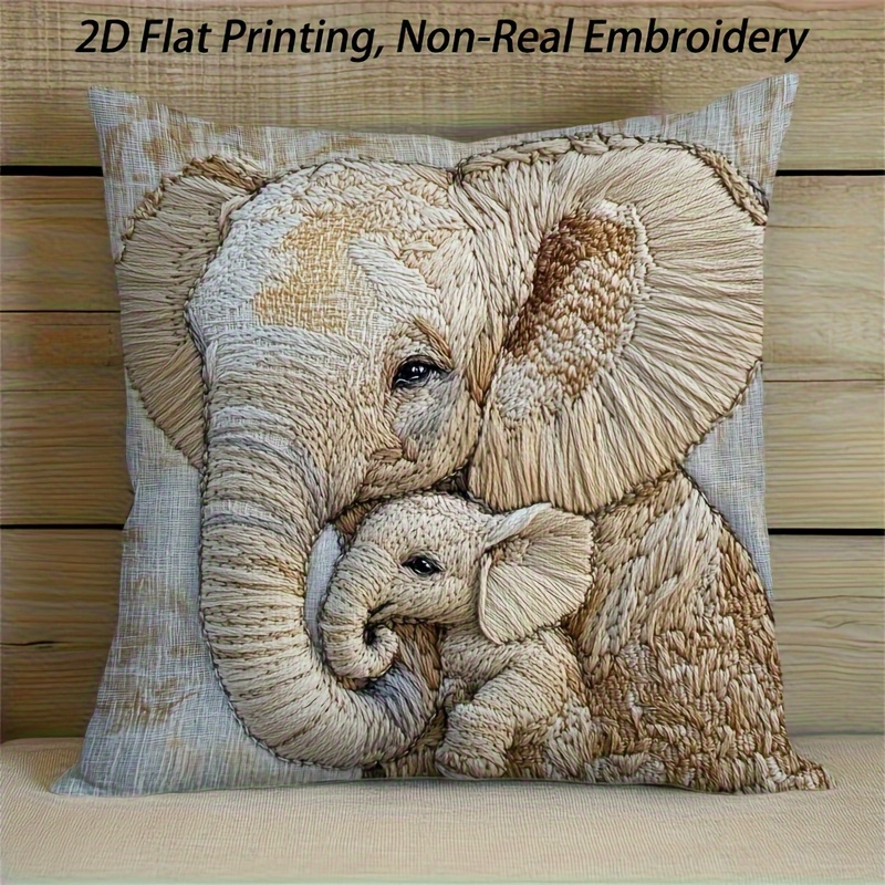 TEMU 1pc Elephant And Baby Elephant 2d Single-sided Pillowcase- Soft And Durable Polyester Fiber, Bohemian Style, Zipper Closure, Machine Washable-