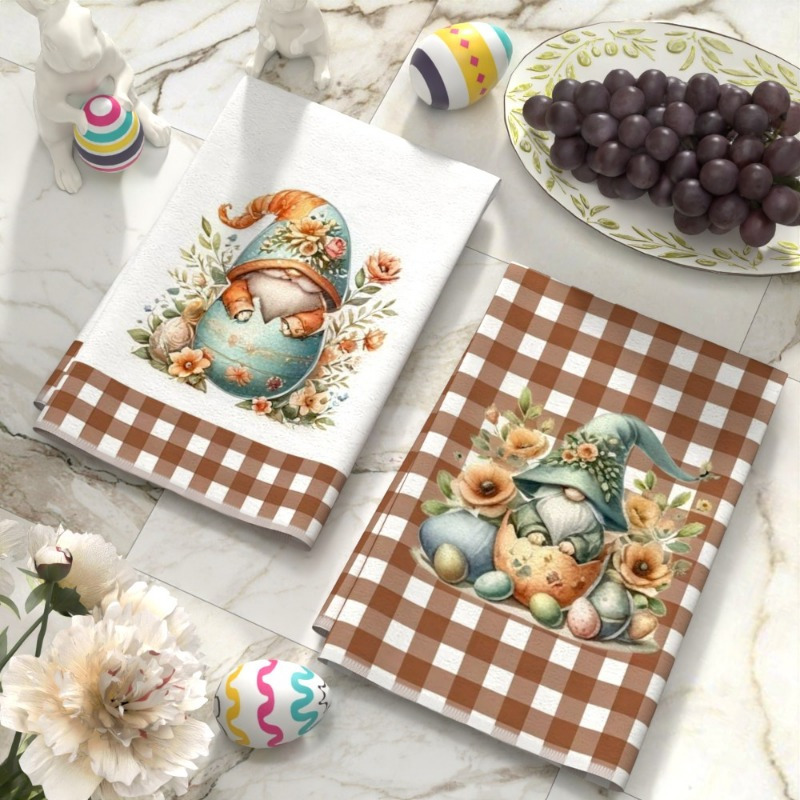 2pcs whimsical easter gnome & floral egg design kitchen towels - 45.72x66.04cm soft, absorbent polyester dish towels with brown checkered borders - ideal for spring decor, hand & face towels in kitchen or bathroom details 0