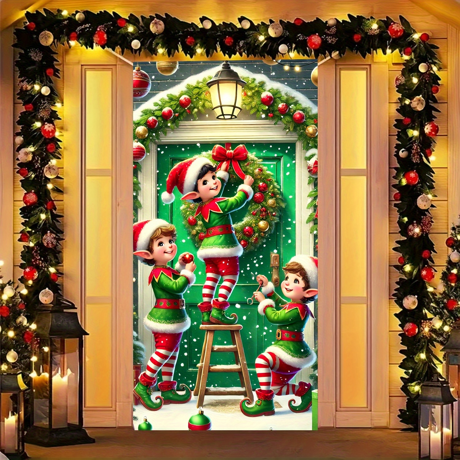 TEMU 2d Door Banner, Christmas Wreath Door Cover With 3 Decorating Wreath - Durable Polyester Holiday Decor For Entryway, Room, Parties & Events - No