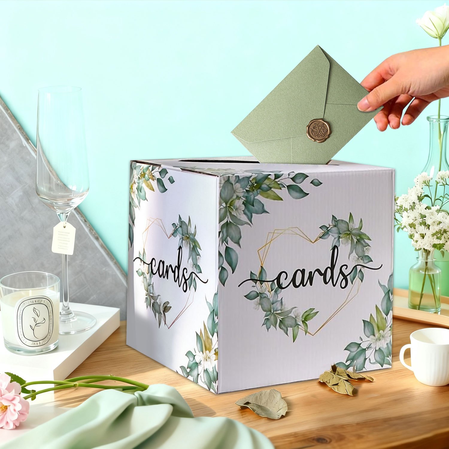 E-shop herzförmige Hochzeitskartenbox mit Schlitz, Geschenkkartonbox aus Karton, geeignet für Hochzeitsempfang, Hochzeits-Umschlag mit Grün-Thema,