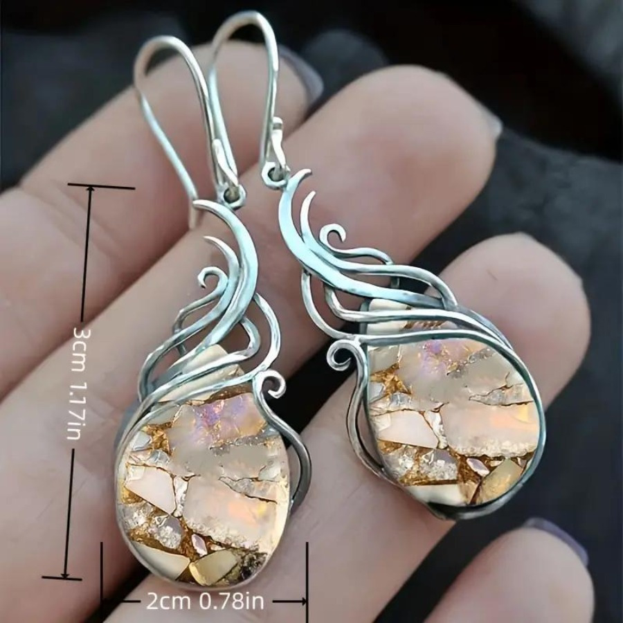 TEMU 2pcs Elegant Vintage-inspired Multicolor Stone Dangle Earrings - Bohemian Style, Alloy With Resin Inlay, Parties & Gifts, Jewelry