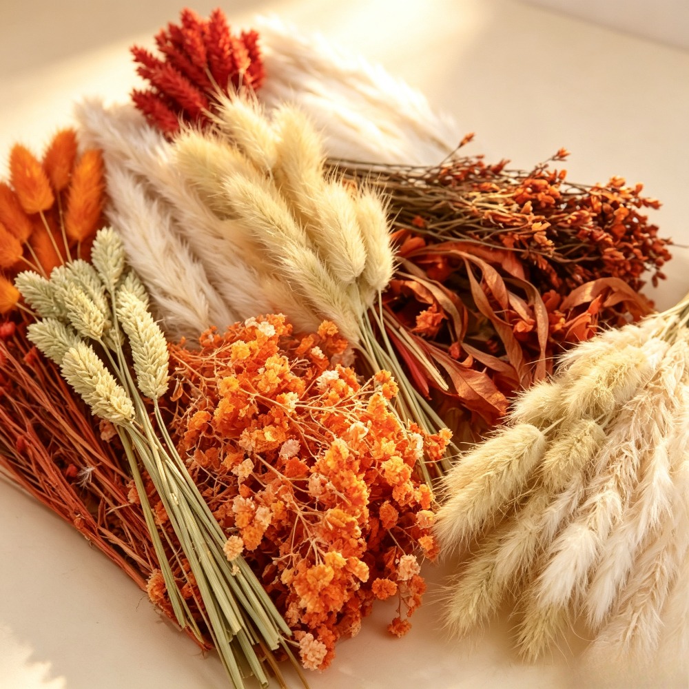 Image of 113pcs Dried Flowers For Crafts Burnt Orange Fall Flowers Natural Pampas Tails Babys Breath Hydrangea With Stems Dry Floral Arrangement For Fall Wedding Autumn Decorations For Home