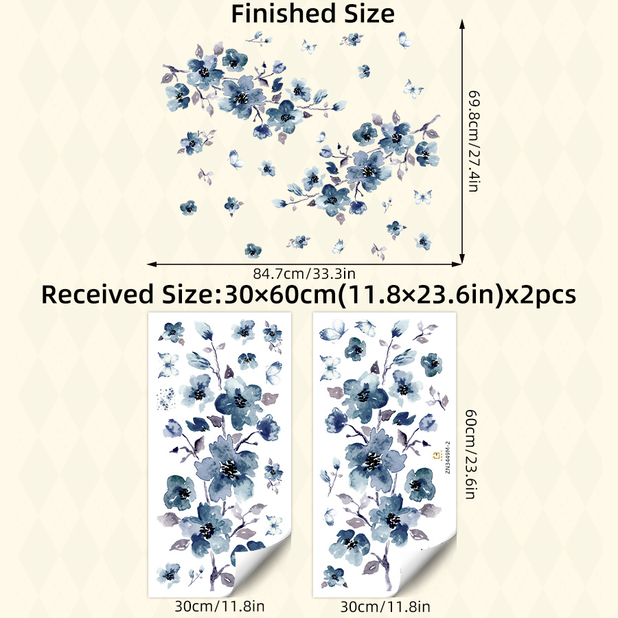 2pcs Pvc Ink Painting Blue Flowers Branches Plants Wall Stickers, Waterproof, Removable Decals For Bedroom, Living Room & Bathroom Wall Decor & Home Aesthetics