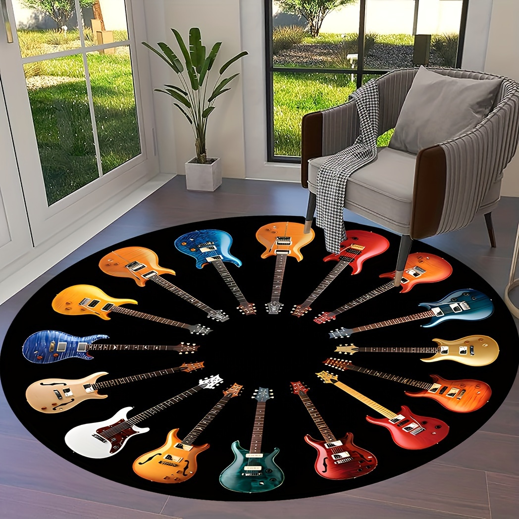 

Stylish Guitar-themed Round Rug - , Non-slip & Machine Washable Polyester Floor Mat For Living Room, Bedroom, Dorms & Teen Rooms