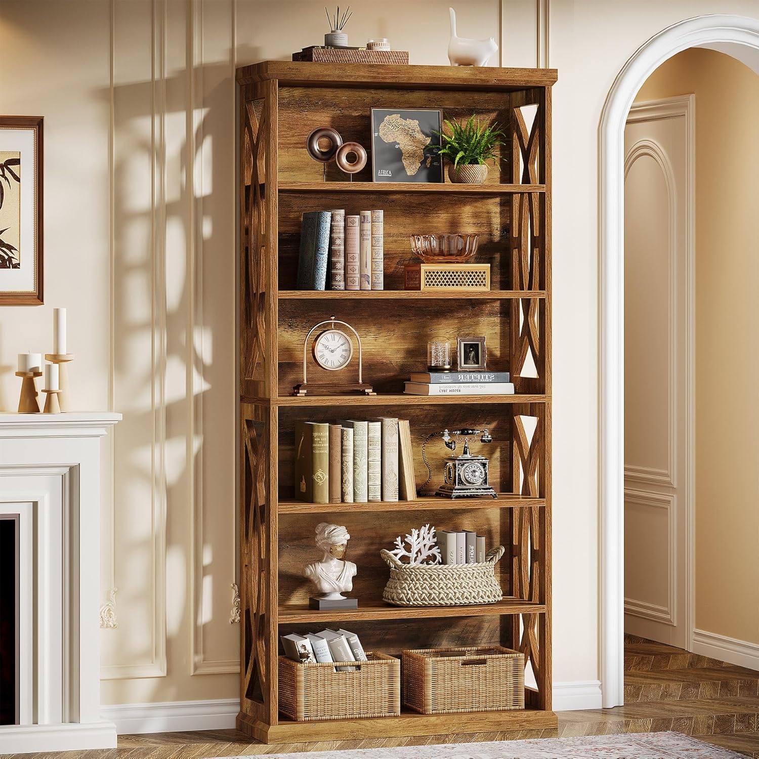 Large 6-tier Bookshelf, 71-inch Tall Freestanding Bookcase Suitable For Home Office, Living Room, Bedroom - Rustic Brown Wood Shelves With -, Heavy-duty Storage Shelf ()
