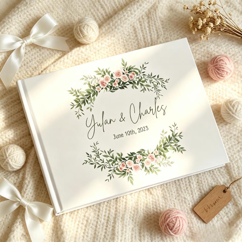 TEMU 1pc Personalized Wedding Guest Book - Custom Name & Anniversary Date, Elegant White Hardcover With Wreath Design, Scent Of Flowers And Written