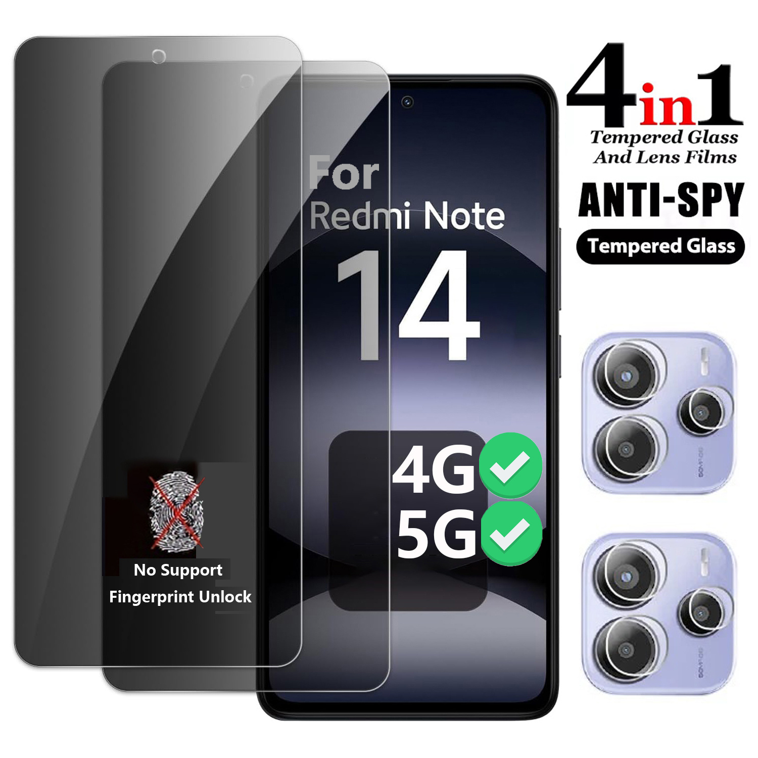 E-shop 4-in-1 2+2 Stück Anti-Spionage Panzerglas für Redmi Note 14 4G 5G Objektiv Privatsphäre Schutzglas für Redmi Note 14