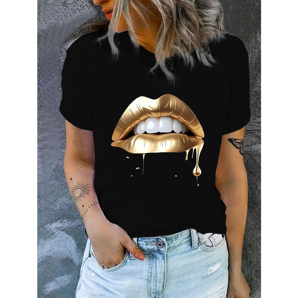 

Women's Fashionable Golden Lips Print T-shirt, Casual Crew Neck Short Sleeve Top, 95% Polyester 5% Elastane Knit Fabric, Fit Tee For Home & Travel