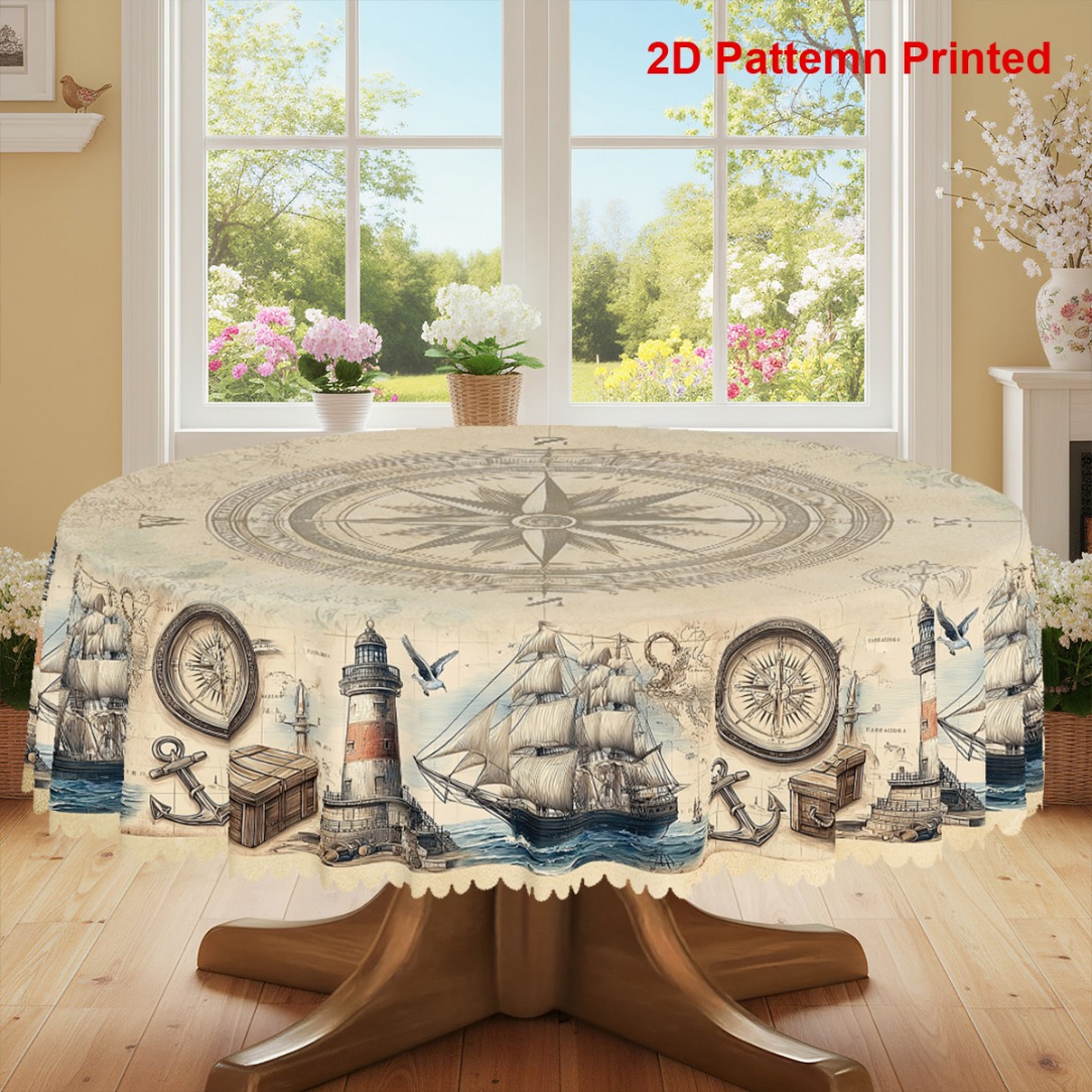 TEMU 1pc Of 2d Flat Tablecloth With An Ocean Theme, Featuring A Vintage Sailboat, Anchor, And Compass Print Design, Embossed Edges, Suitable For