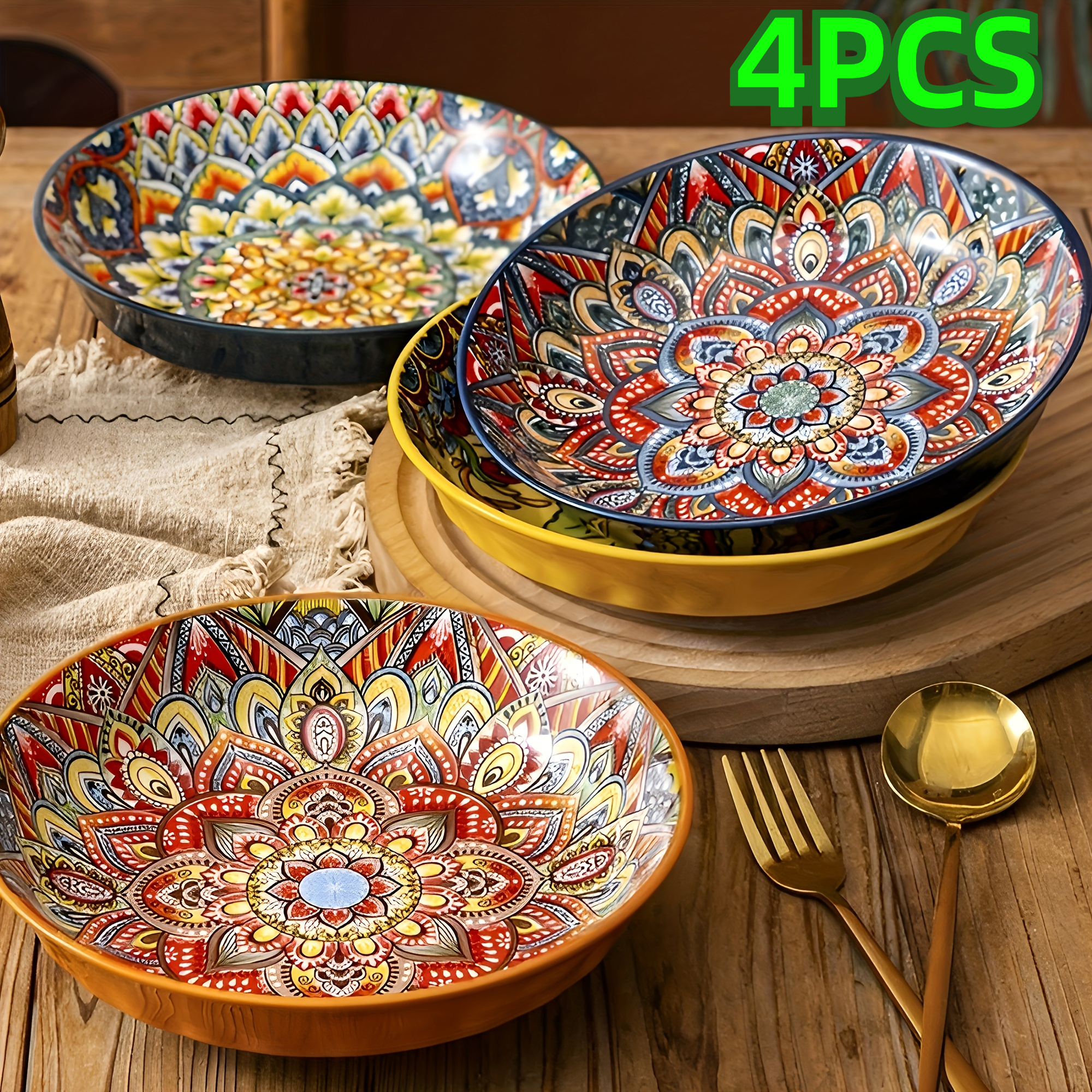 E-shop 8-teiliges/4-teiliges Keramik-Teller-Set im böhmischen Stil mit Blumenmuster - 8-Zoll dekorative runde Tafelgeschirre, geeignet für alle