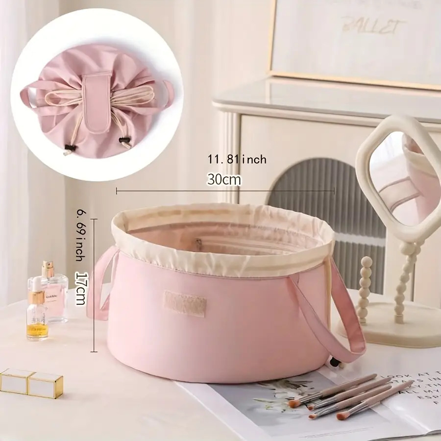 large capacity women men travel makeup toiletry portable bucket shaped storage bag with drawstring closure   case suitable for daily use gym vacation the Product details 3