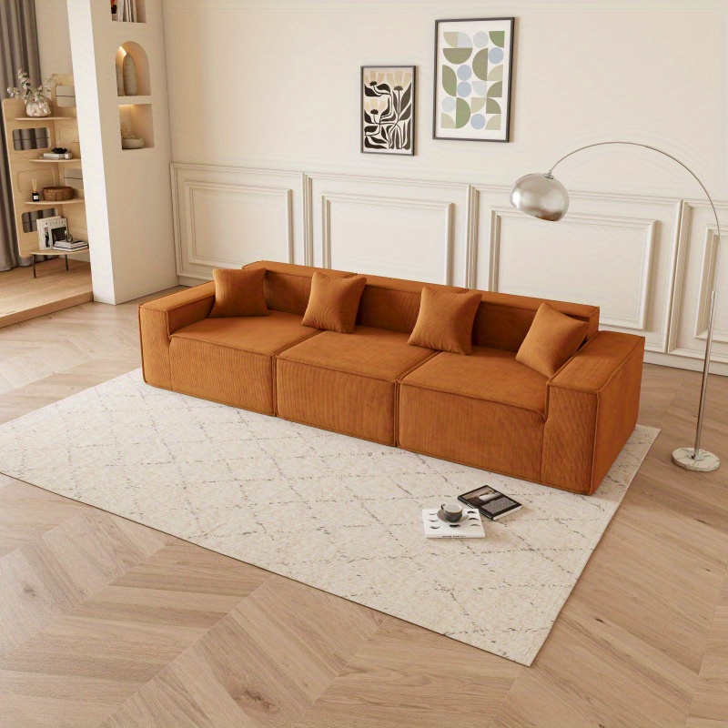 1 stuk moderne oranje modulaire l-vormige hoekbank met omkeerbare chaise, diepe zitkussens, comfortabele gestoffeerde stoffen bank voor wonen, ruimtebesparend appartementmeubilair, schuim-katoenen interieur, eenvoudige montage details 8