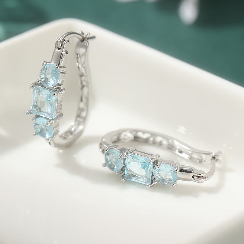 Women's Luxurious Small Hoop Earrings with Blue Synthetic Zirconia