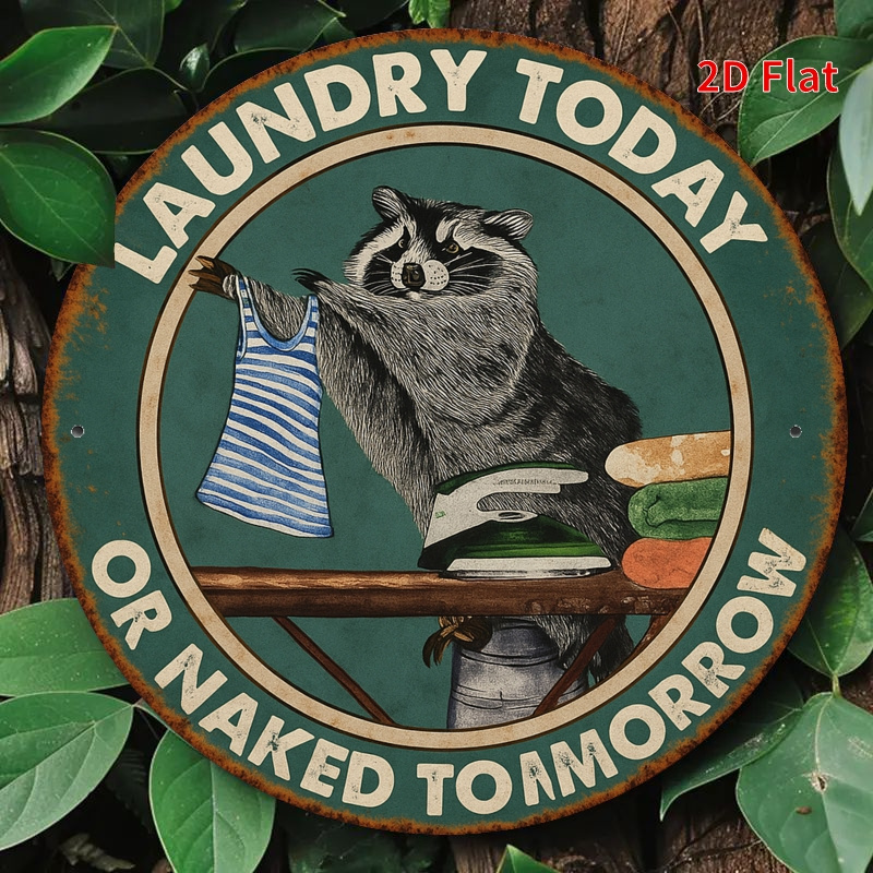 E-shop 2D Flach, Vintage Waschbär Wäsche Wanddekor Schild "Wäsche heute waschen oder morgen nackt sein" - Rundes Metall Retro Waschmaschine & geeignet