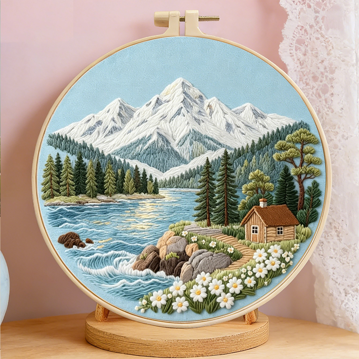 TEMU Kit de broderie imprimé 1 parure, kit de broderie DIY sur le thème du paysage de montagne enneigée et de chalet, convient aux adultes débutants