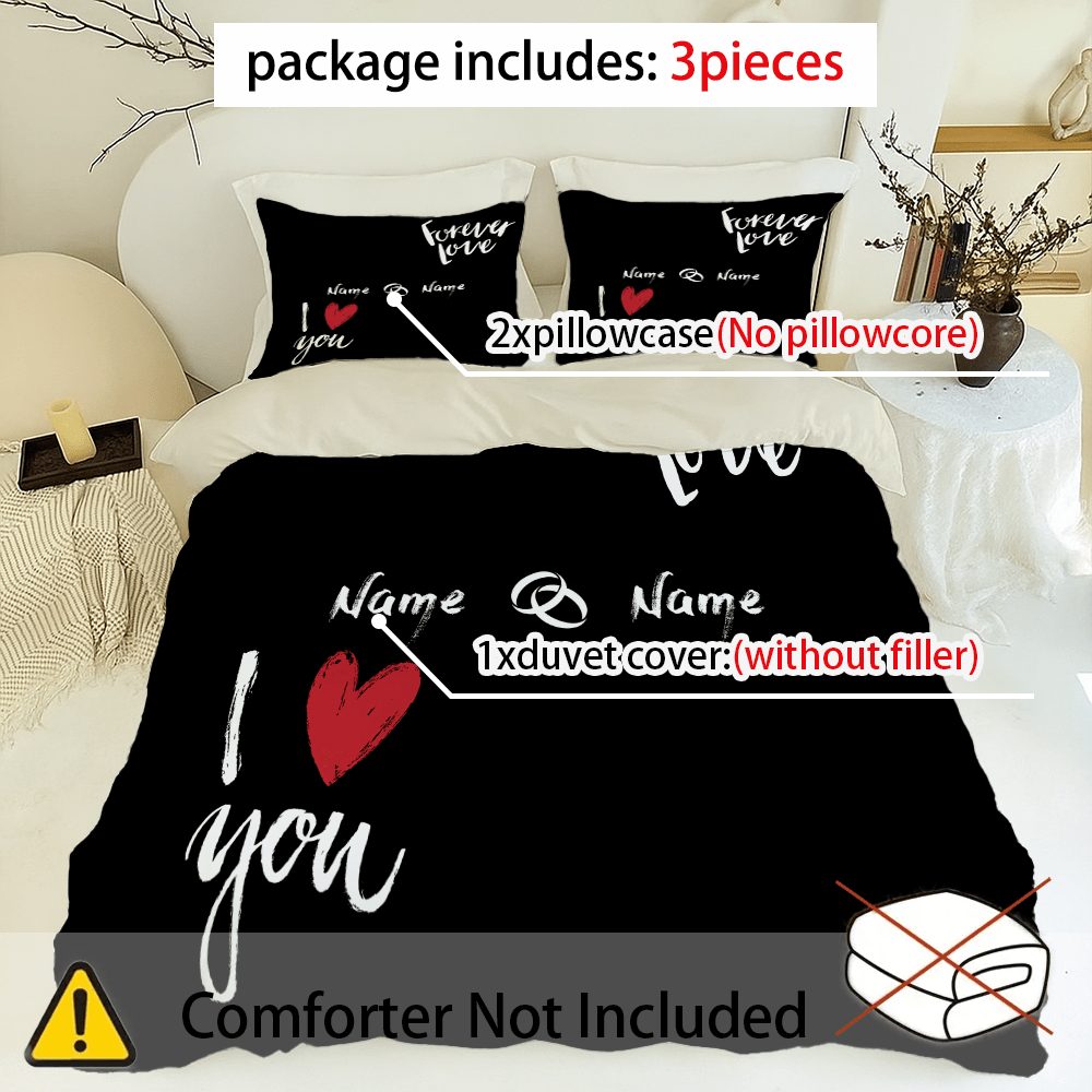 TEMU Custom 3pcs Love Pattern Custom Couple Name Digital Printing Duvet Cover Set - Includes 1 Duvet Cover And 2 Pillowcases (excluding Fillings),