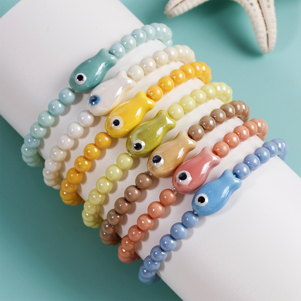 TEMU 7pcs Bohemian Ceramic Fish Beaded Stretch Bracelet Set, Trendy And Fashionable Exquisite Accessories, Suitable For Daily Commuting Wear, Party