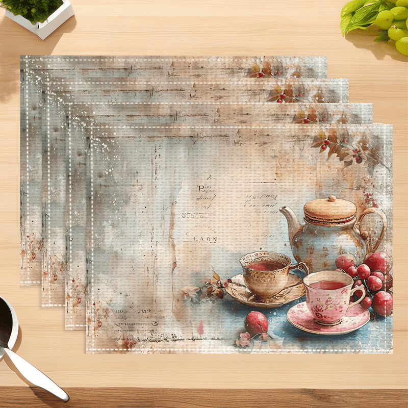 

4pcs Placemats, Retro Tableware Pattern Placemats, Art Placemats, Heat-resistant And Non-slip Artwork Placemats, Washable Table Mats For Dining And Restaurant, Kitchen Supplies