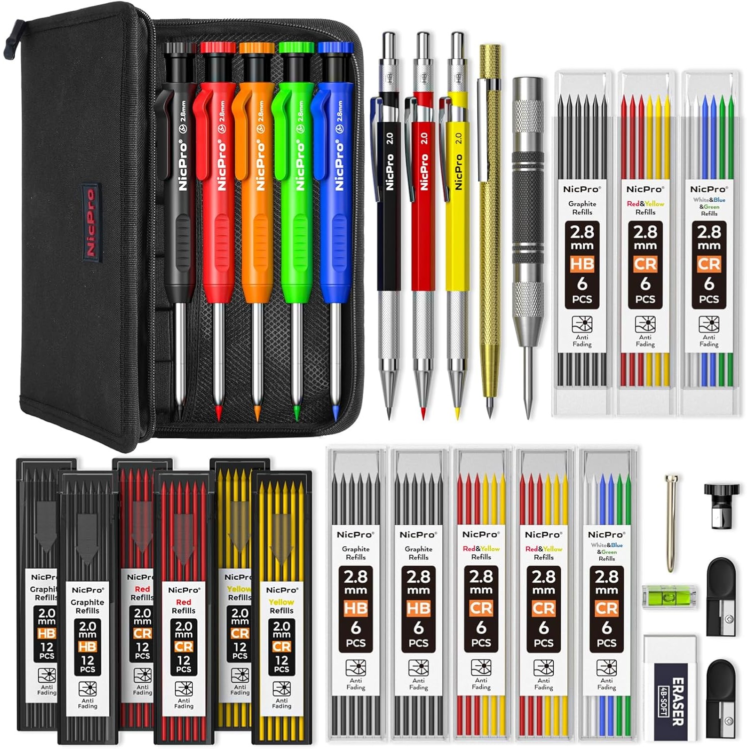 Image of Carpenter Pencil Set With Sharpener & Canvas Case, Mechanical Carpenter Pencils With Refills, Heavy Duty Construction Pencils With Carbide Scribe Tool For Woodworking Marking Tools