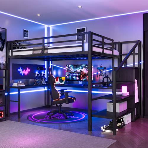 full xl size loft bed with l shaped desk and usb metal loft bed with wardrobe and adjustable shelf bed with led for kids teens adults black