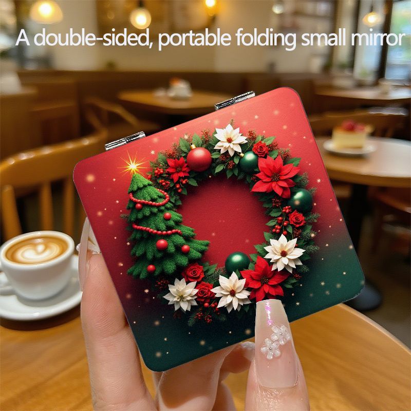 TEMU Christmas Theme Compact Mirror - Double-sided Mirror, Portable Travel Makeup Mirror With Christmas Wreath And , Perfect For Holiday Gift,