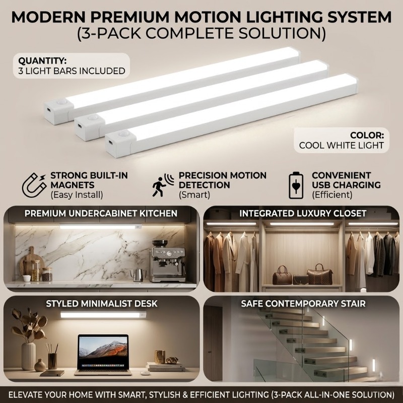 3pcs Pack 3pcs - Rechargeable Motion Sensor Light With, Wall-mounted Ceiling/ Suitable For Cabinets, Wardrobes, , Bedrooms, Included, -and-play For Office Dorm