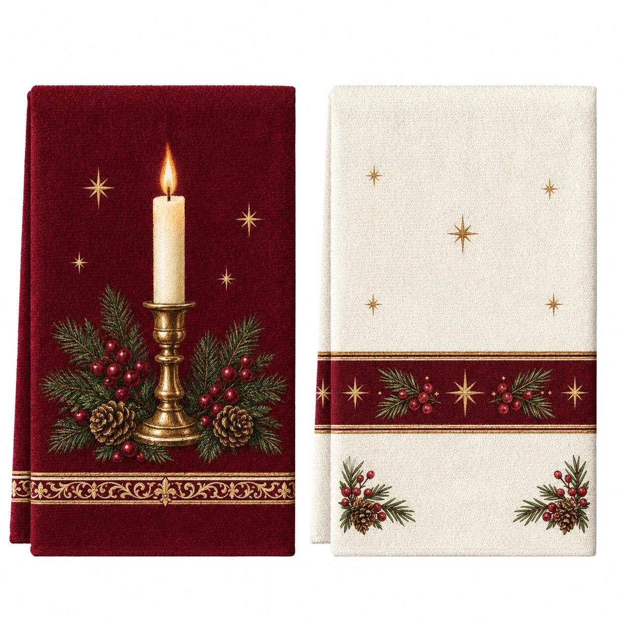 TEMU Lot de 2 torchons de Noël bordeaux et crème, bougie rouge, feuillage de sapin, pois de neige et bordure décorative, linge de cuisine imprimé