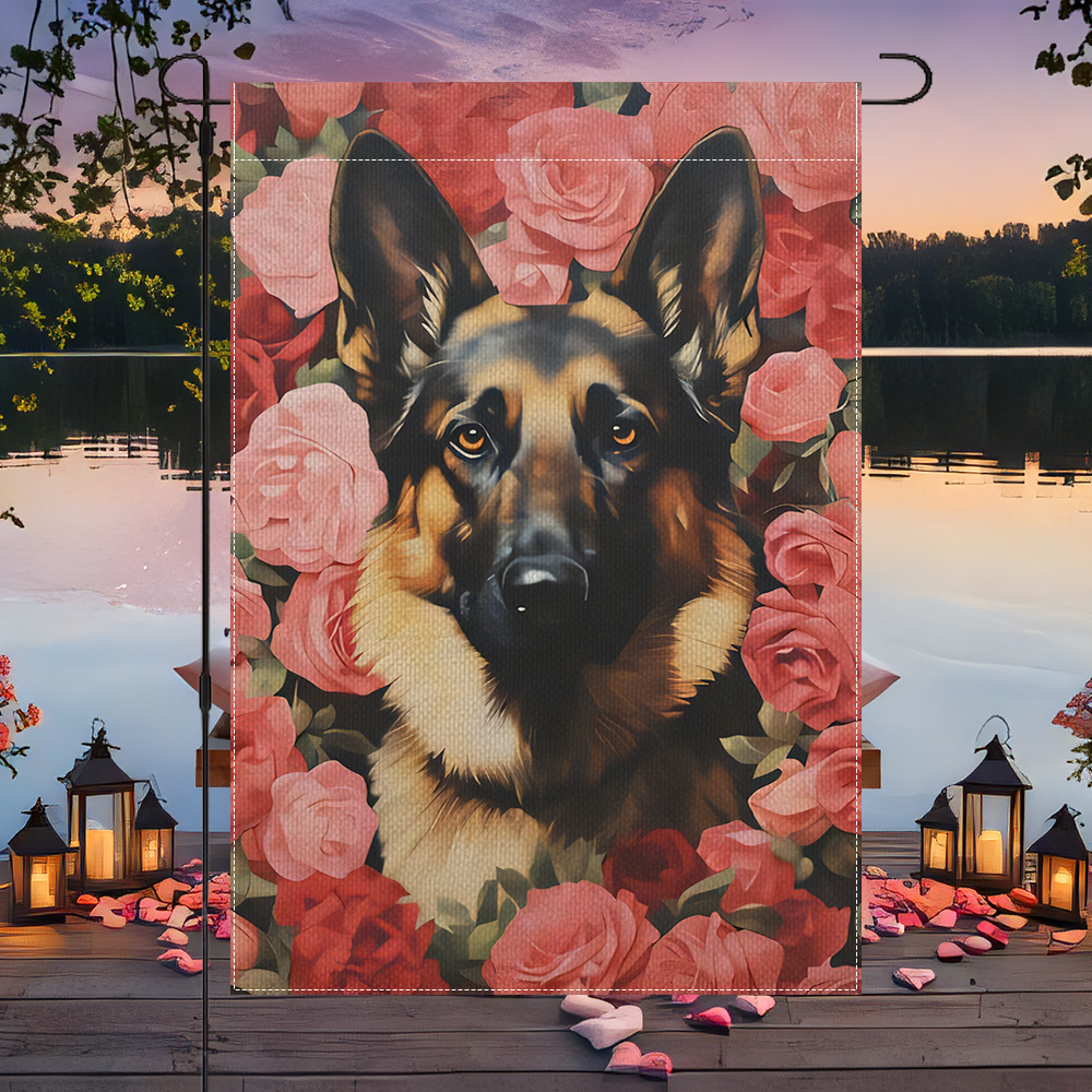 

1pc Valentine's Day German Shepherd Double-sided Polyester Garden Flag, 12x18in, Outdoor Decor For Home & Party, No Flagpole Included