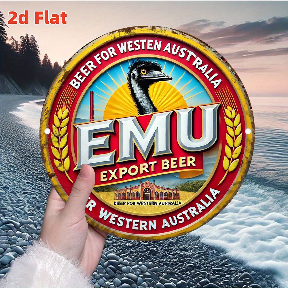 TEMU 2d Flat, Retro Western Australian Emu Beer Metal Sign - Vintage Wall Art Featuring A Sunset Palm Tree & Emu Design, Waterproof & Dustproof