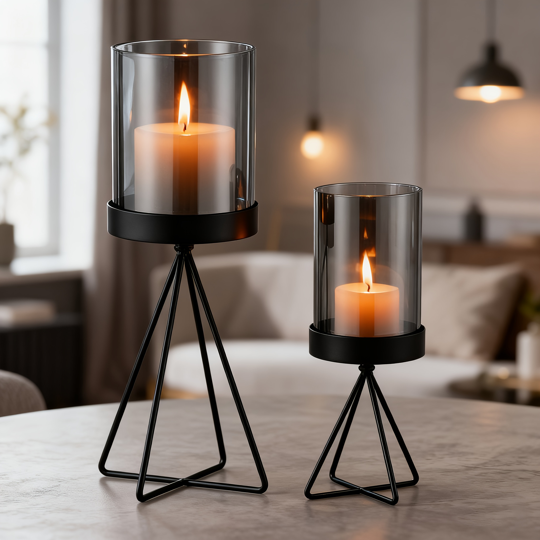 Image of Lantern Candle Holder Black Decoration: Metal Candle Holder Pillar Candles With Grey Glass Cylinder Table Decoration- Holder Geometric For Living Room Windowsill Outdoor Outdoor: Home& Kitchen