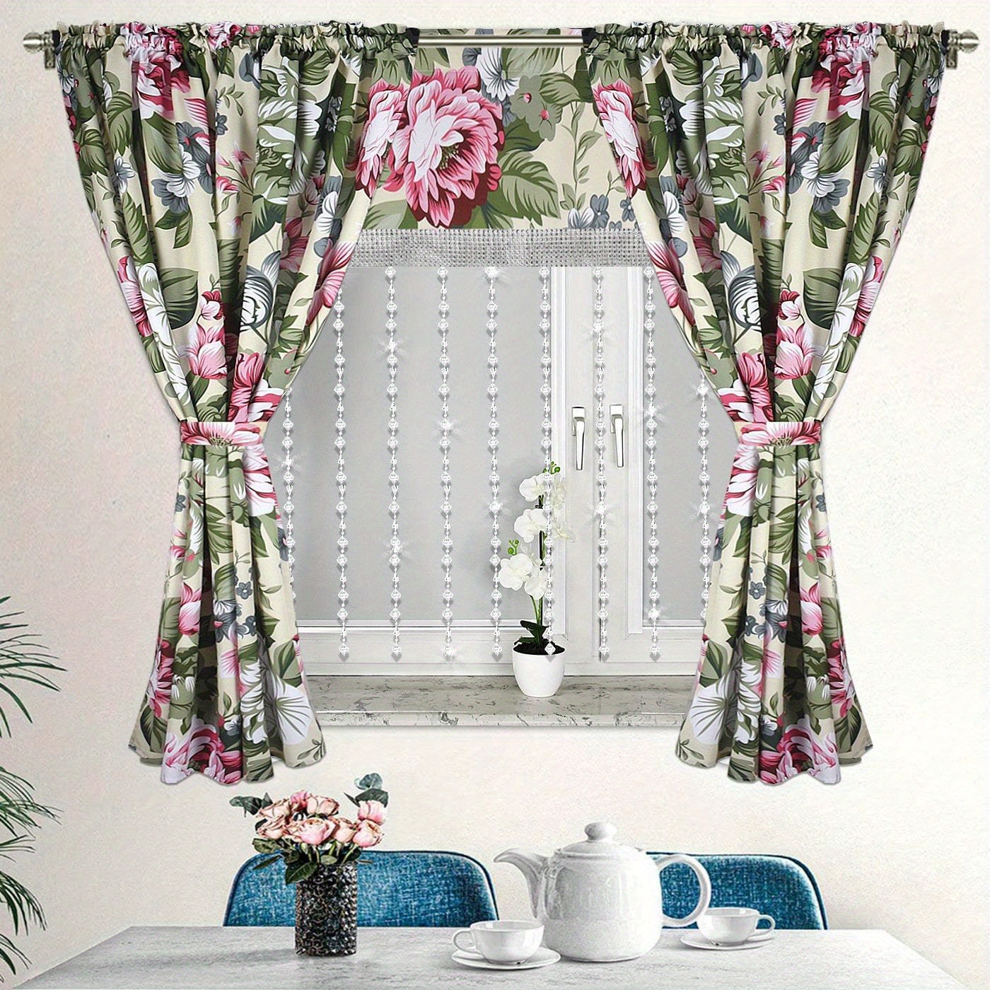 Image of 3pcs, Blackout Curtains With Floral Patterns, Drawstring Design, , European , Silvery Line Diamond Decoration, Crystal Beads Embellishment, A Must-have For Living Room Or Bedroom, 145*160cm