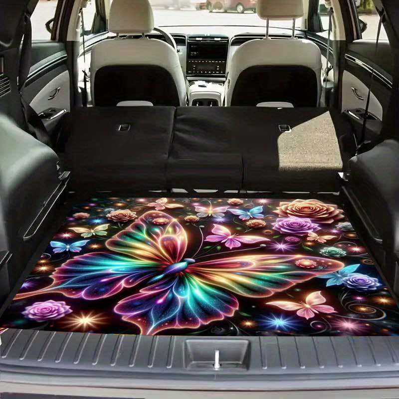 TEMU 1pc Vibrant Floral Car Trunk Mat - Stylish Print, Durable Polyester, Easy-clean Suv Trunk Liner Protector For Fit, Protects Interior & Vehicle