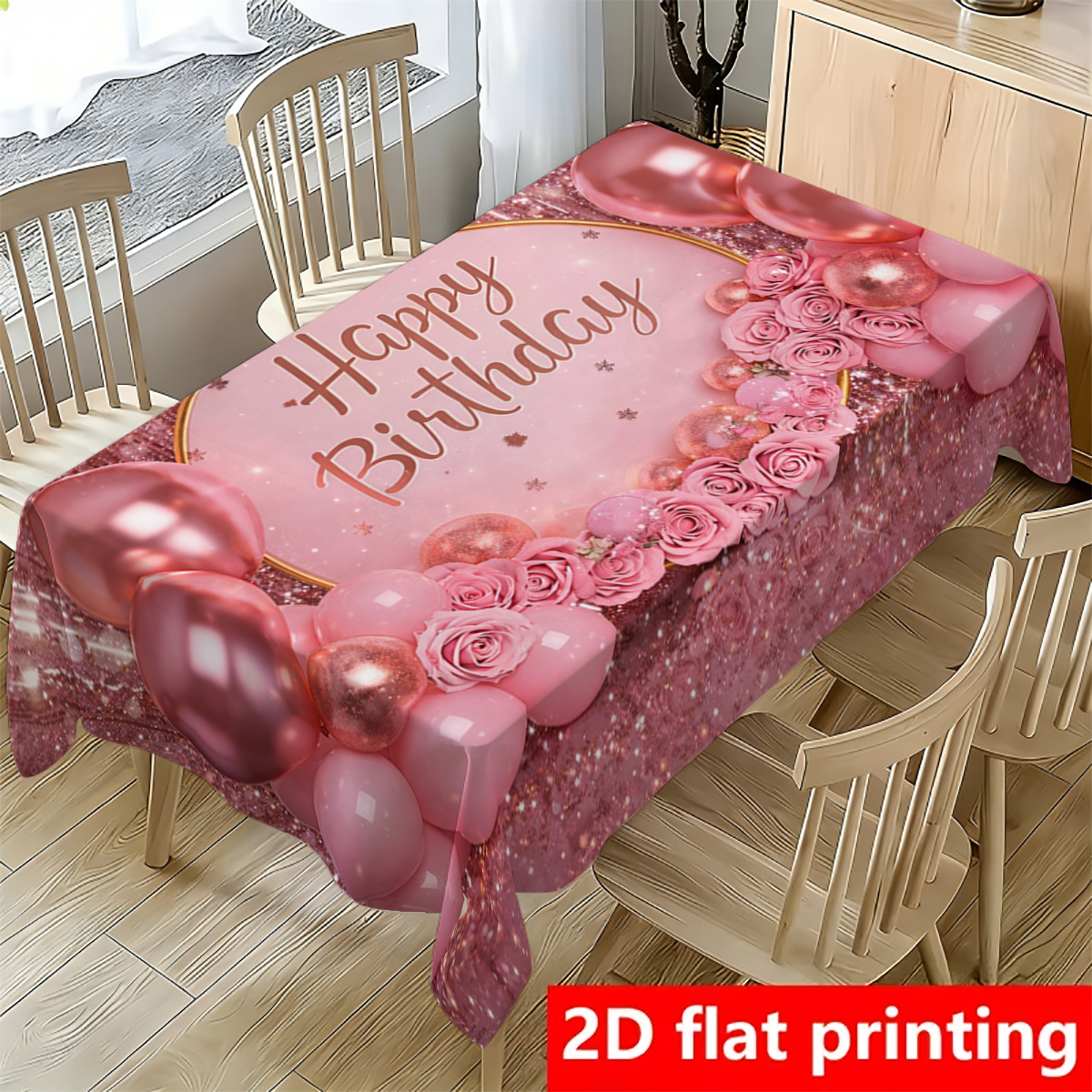 TEMU 1pc 2d And Pink Rose Flower Combination Background Party Tablecloth, Printed With "happy Birthday" Pattern, Rectangular Tablecloth, Suitable For