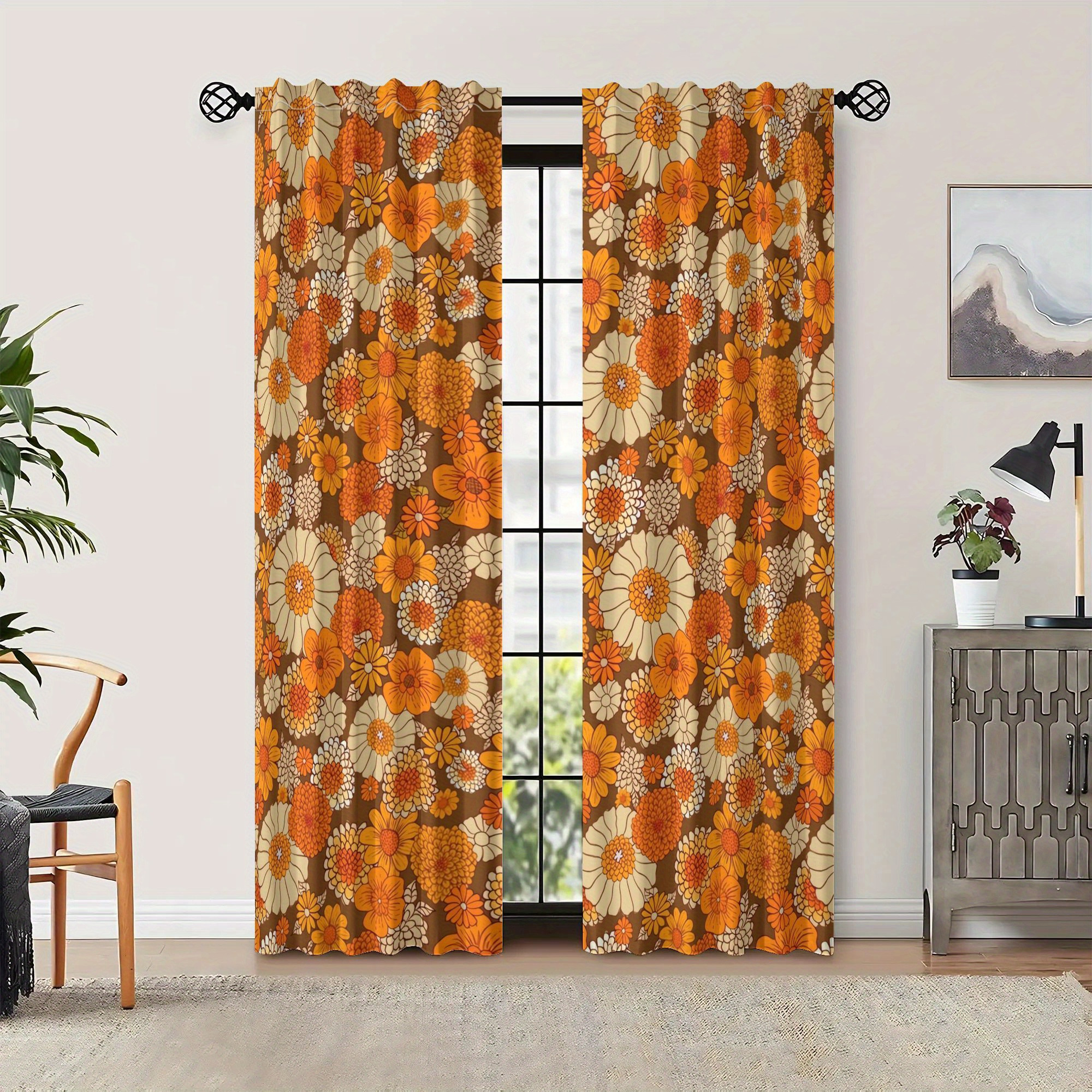 TEMU Zlienszus 70s Retro Daisy Blackout Curtains Suitable For Rod Installation- Vintage -brown Bohemian Style Curtains With Perforated Top Blackout