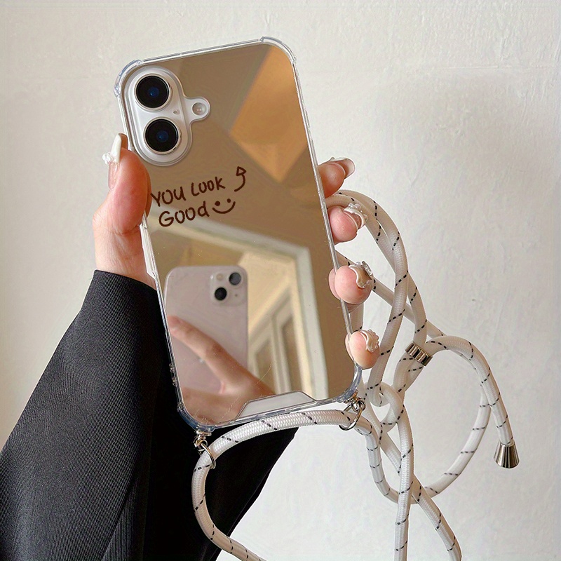 TEMU Phone Case: Luxury Creative All-inclusive Four-corner Shockproof & Face Pattern Mirror Hanging Cord Phone Case For Iphone 16 15 14 13 12 11 Pro